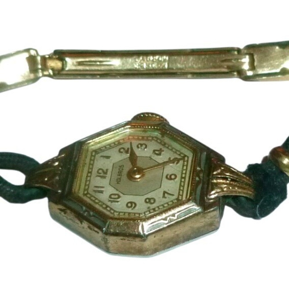 Vintage Helbros Art Deco Hexagon Gold Tone Cord Band Cocktail Watch Ladies